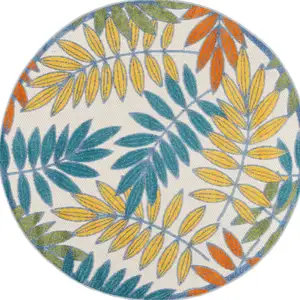 Photo of Ivory Round Floral Non Skid Indoor Outdoor Area Rug