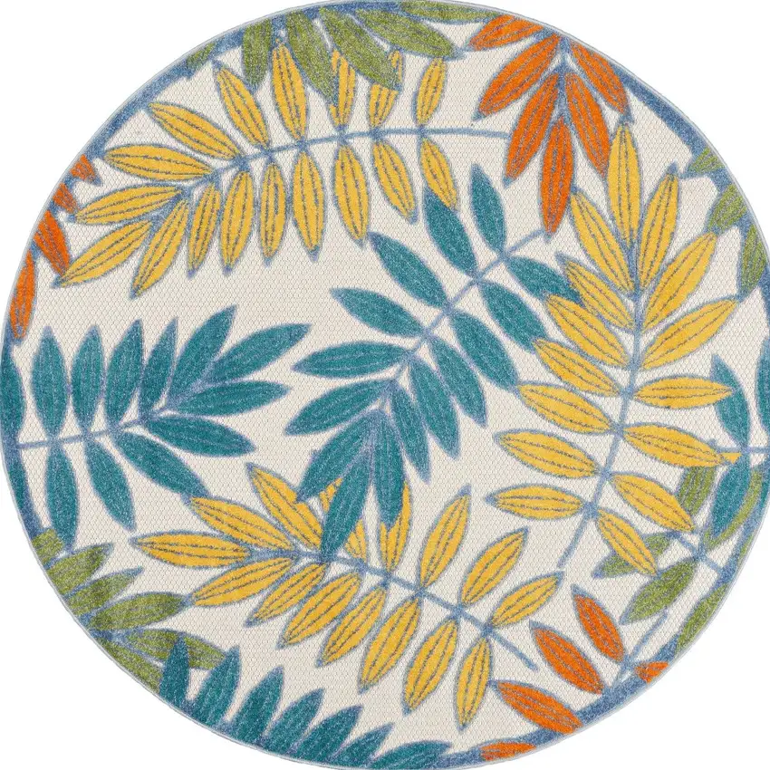 Ivory Round Floral Non Skid Indoor Outdoor Area Rug Photo 2