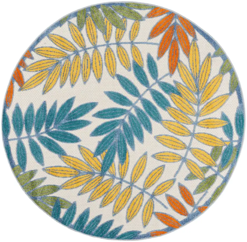 Ivory Round Floral Non Skid Indoor Outdoor Area Rug Photo 1