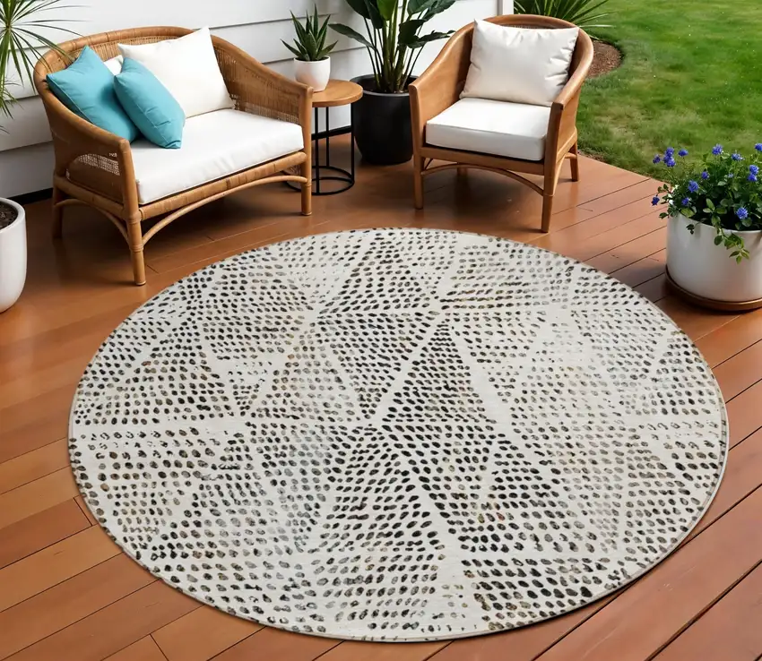 Ivory Round Geometric Washable Non Skid Indoor Outdoor Area Rug Photo 1