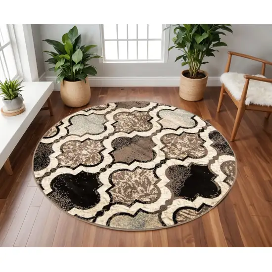 8' Ivory Brown And Black Quatrefoil Distressed Round Rug Photo 1