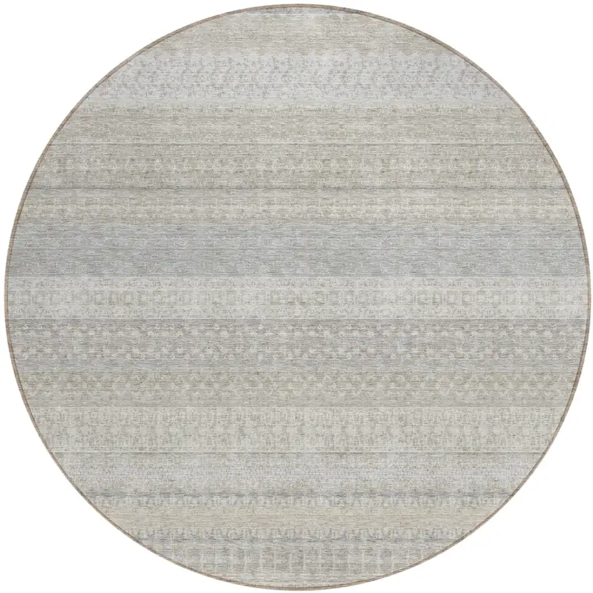 Ivory Round Striped Washable Non Skid Indoor Outdoor Area Rug Photo 2