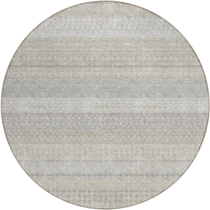 Ivory Round Striped Washable Non Skid Indoor Outdoor Area Rug Photo 2