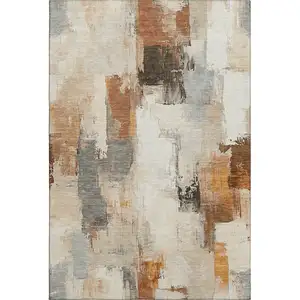 Photo of Ivory Rust And Beige Abstract Washable Area Rug With UV Protection