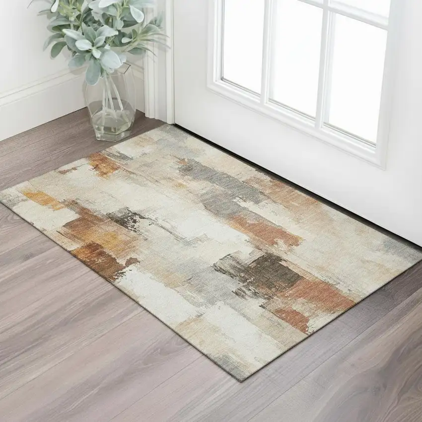 Ivory Rust And Beige Abstract Washable Area Rug With UV Protection Photo 2