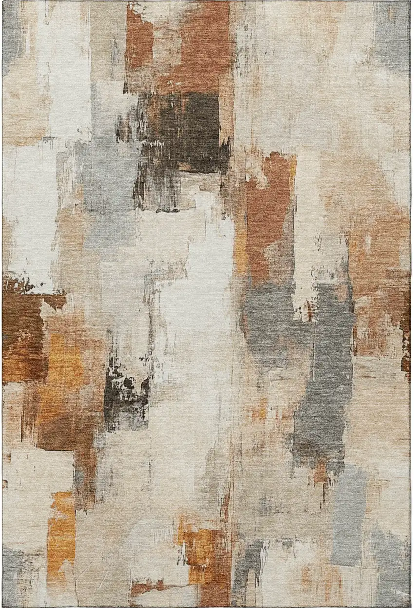 Ivory Rust And Beige Abstract Washable Area Rug With UV Protection Photo 4