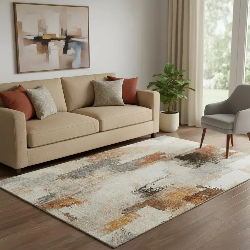 Ivory Rust And Beige Abstract Washable Area Rug With UV Protection Photo 2