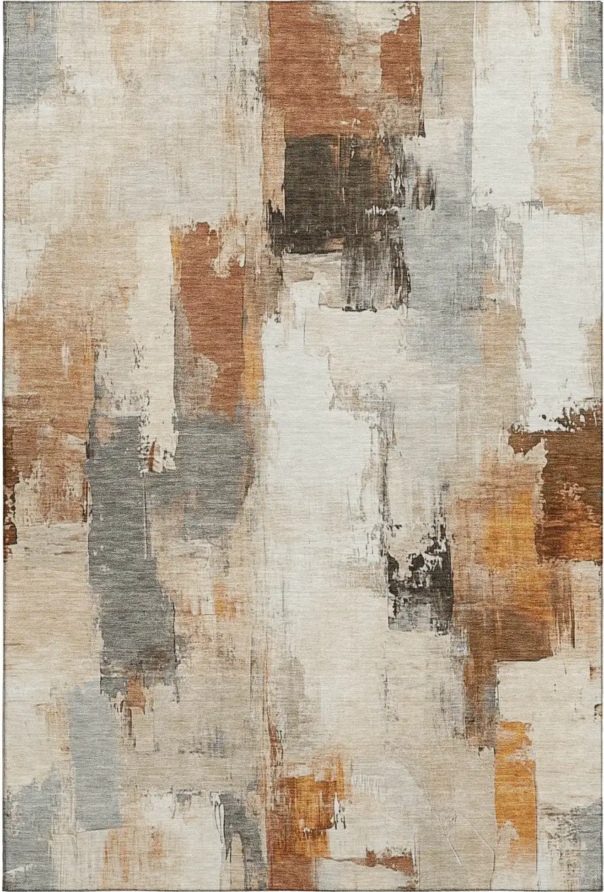 Ivory Rust And Beige Abstract Washable Area Rug With UV Protection Photo 1