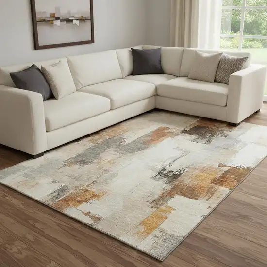 Ivory Rust And Beige Abstract Washable Area Rug With UV Protection Photo 2