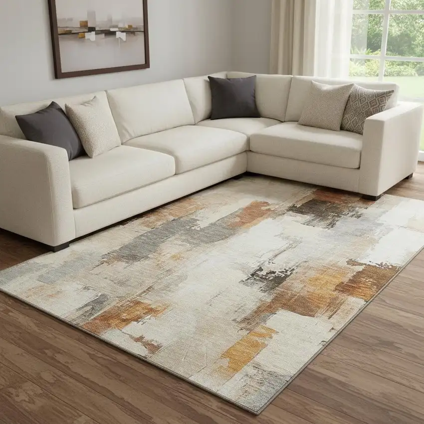 Ivory Rust And Beige Abstract Washable Area Rug With UV Protection Photo 2