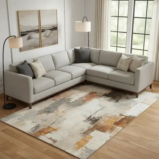 Ivory Rust And Beige Abstract Washable Area Rug With UV Protection Photo 2