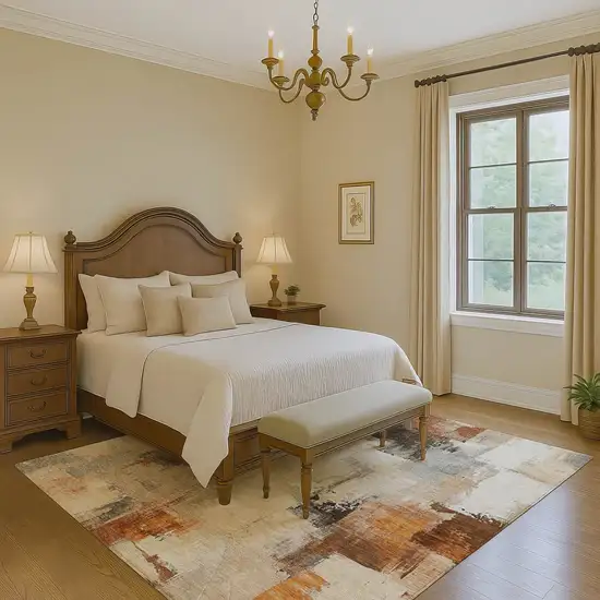 Ivory Rust And Beige Abstract Washable Area Rug With UV Protection Photo 6