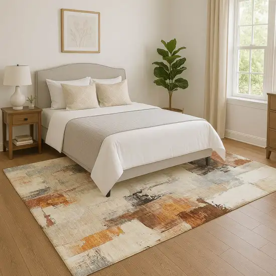 Ivory Rust And Beige Abstract Washable Area Rug With UV Protection Photo 5