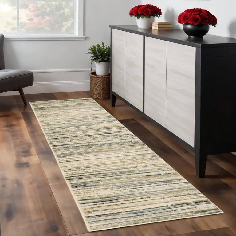 Ivory Sage Abtract Lines Indoor Runner Rug Photo 5