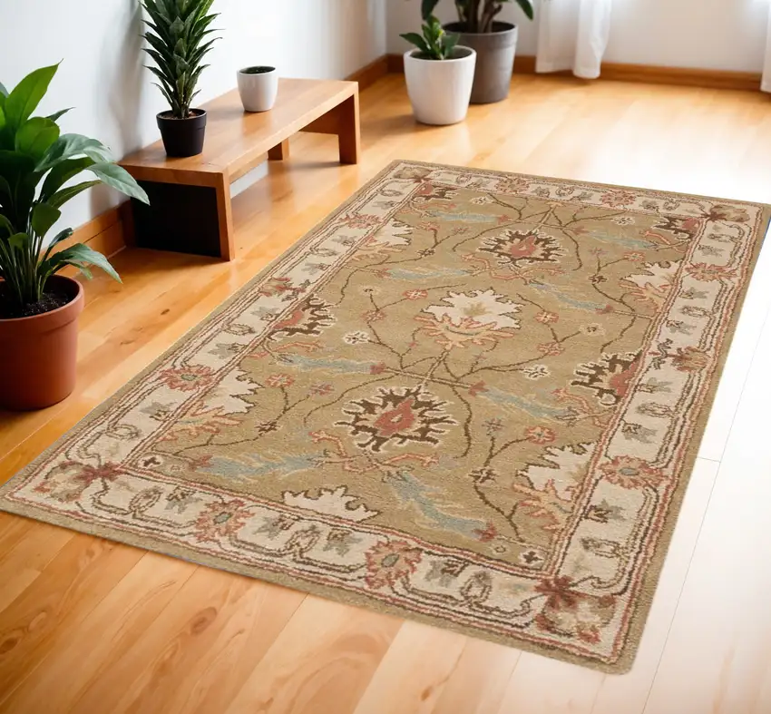 Ivory Sage and Tan Wool Floral Area Rug Photo 1