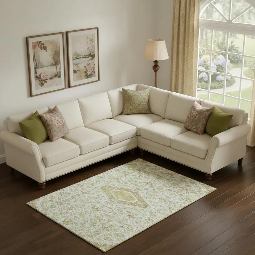 Ivory Salmon And Artichoke Green Floral Washable Area Rug With UV Protection Photo 2