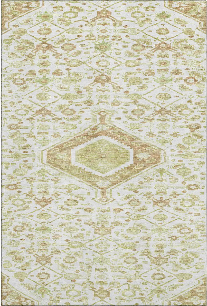 Ivory Salmon And Artichoke Green Floral Washable Area Rug With UV Protection Photo 1