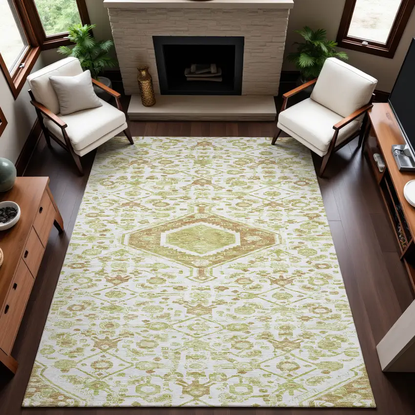 Ivory Salmon And Artichoke Green Floral Washable Area Rug With UV Protection Photo 5