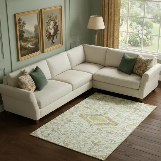 Ivory Salmon And Artichoke Green Floral Washable Area Rug With UV Protection Photo 2