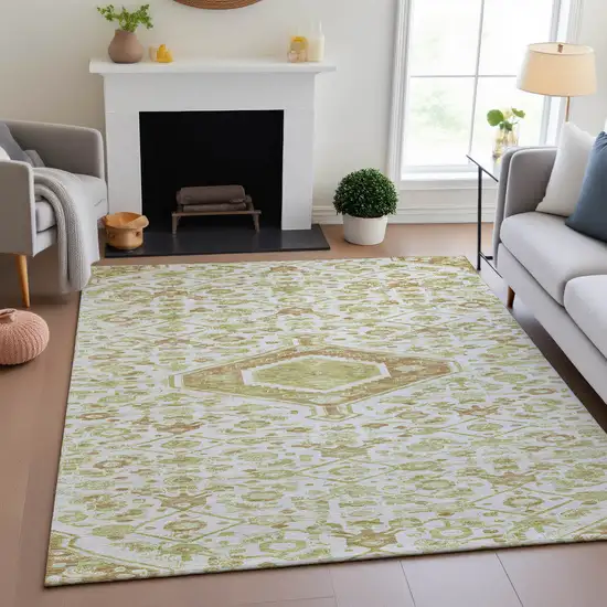 Ivory Salmon And Artichoke Green Floral Washable Area Rug With UV Protection Photo 4