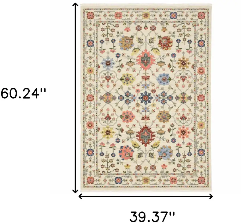 Ivory Salmon Pink Gold Blues Grey Rust And Green Oriental Power Loom Stain Resistant Area Rug With Fringe Photo 9