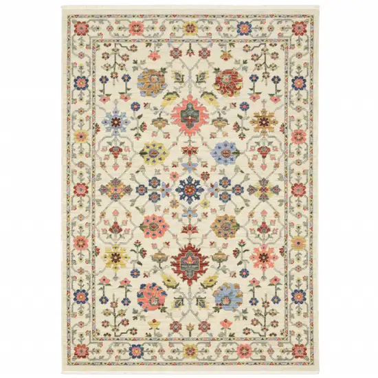 6' X 9' Ivory Salmon Pink Gold Blues Grey Rust And Green Oriental Power Loom Stain Resistant Area Rug With Fringe Photo 2