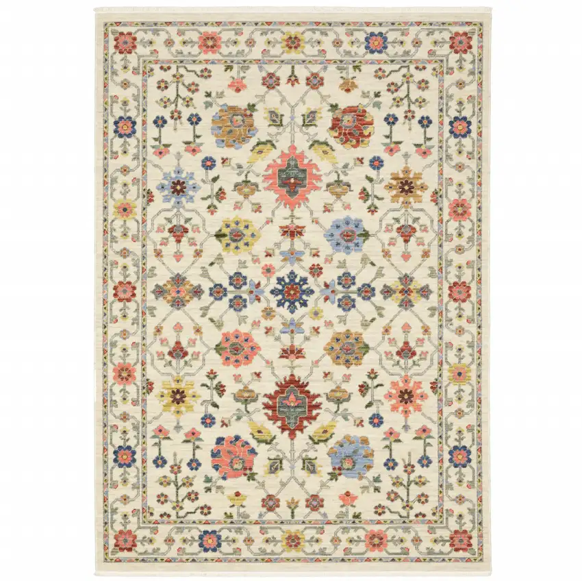 6' X 9' Ivory Salmon Pink Gold Blues Grey Rust And Green Oriental Power Loom Stain Resistant Area Rug With Fringe Photo 2