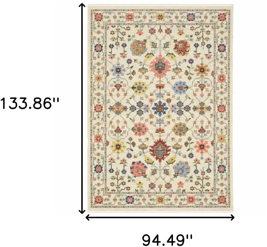 Ivory Salmon Pink Gold Blues Grey Rust And Green Oriental Power Loom Stain Resistant Area Rug With Fringe Photo 9