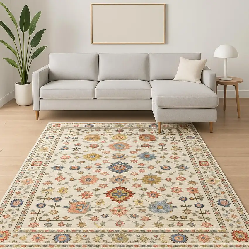 Ivory Salmon Pink Gold Blues Grey Rust And Green Oriental Power Loom Stain Resistant Area Rug With Fringe Photo 1