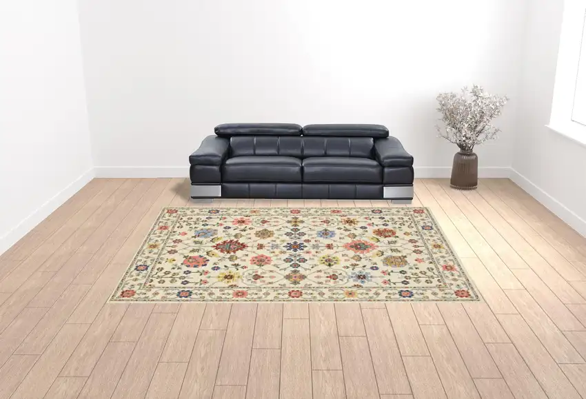 Ivory Salmon Pink Gold Blues Grey Rust And Green Oriental Power Loom Stain Resistant Area Rug With Fringe Photo 3