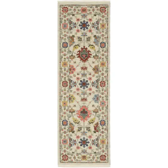 2' X 6' Ivory Salmon Pink Gold Blues Grey Rust And Green Oriental Power Loom Stain Resistant Runner Rug With Fringe Photo 4