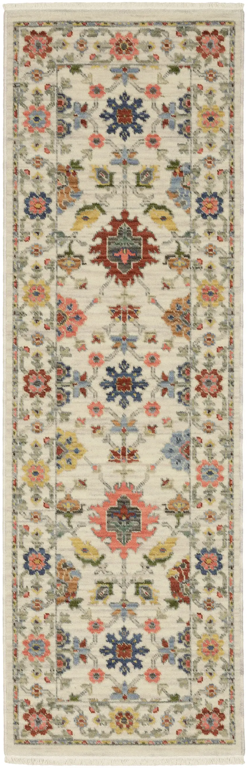 2' X 6' Ivory Salmon Pink Gold Blues Grey Rust And Green Oriental Power Loom Stain Resistant Runner Rug With Fringe Photo 4