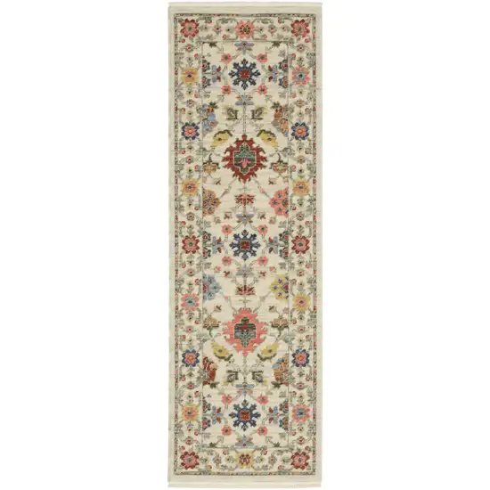 2' X 6' Ivory Salmon Pink Gold Blues Grey Rust And Green Oriental Power Loom Stain Resistant Runner Rug With Fringe Photo 2