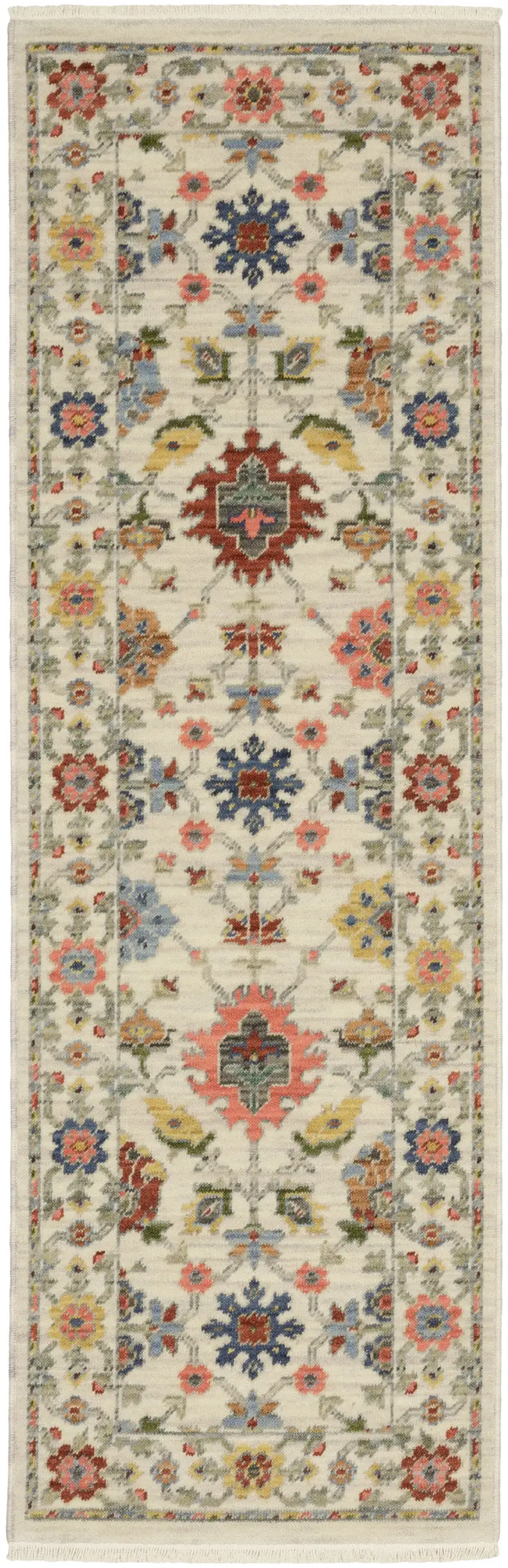 2' X 6' Ivory Salmon Pink Gold Blues Grey Rust And Green Oriental Power Loom Stain Resistant Runner Rug With Fringe Photo 2