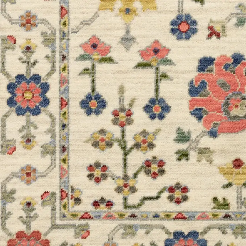 2' X 6' Ivory Salmon Pink Gold Blues Grey Rust And Green Oriental Power Loom Stain Resistant Runner Rug With Fringe Photo 6