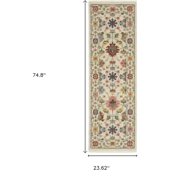 2' X 6' Ivory Salmon Pink Gold Blues Grey Rust And Green Oriental Power Loom Stain Resistant Runner Rug With Fringe Photo 3