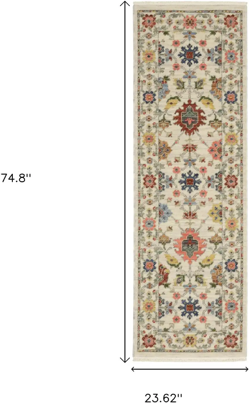 2' X 6' Ivory Salmon Pink Gold Blues Grey Rust And Green Oriental Power Loom Stain Resistant Runner Rug With Fringe Photo 3
