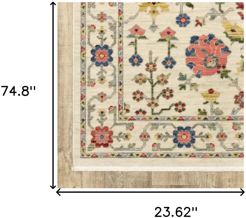 Ivory Salmon Pink Gold Blues Grey Rust And Green Oriental Power Loom Stain Resistant Runner Rug With Fringe Photo 8