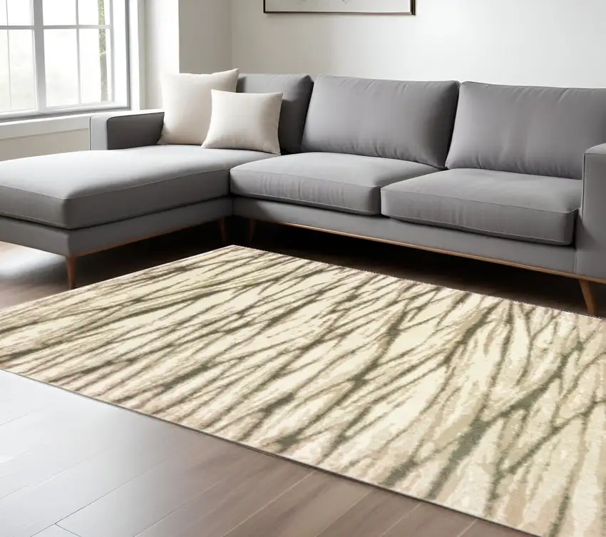 Ivory Sand And Ash Abstract Power Loom Stain Resistant Area Rug Photo 1