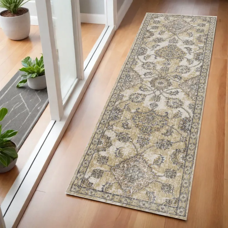 Ivory Sand Floral Vine Wool Indoor Runner Rug Photo 5