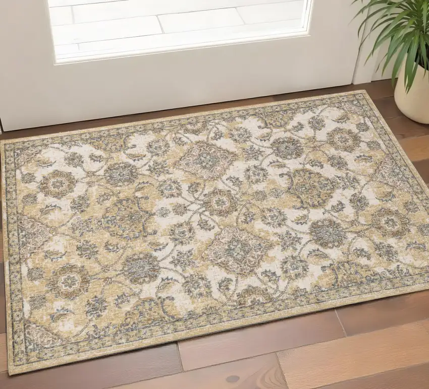 Ivory Beige And Gray Wool Floral Medallion Area Rug Photo 1