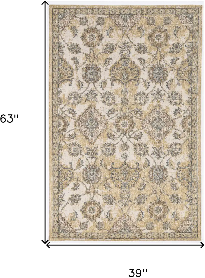 Ivory Sand Machine Woven Bordered Floral Vines Indoor Area Rug Photo 4