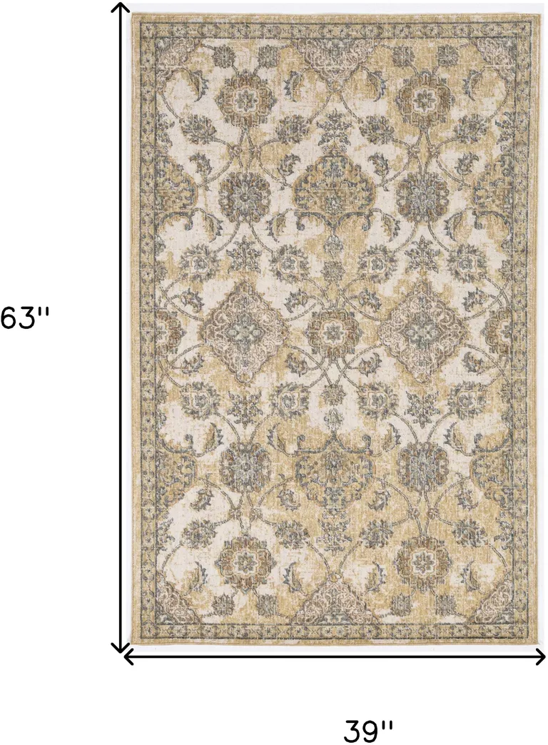 Ivory Sand Machine Woven Bordered Floral Vines Indoor Area Rug Photo 4