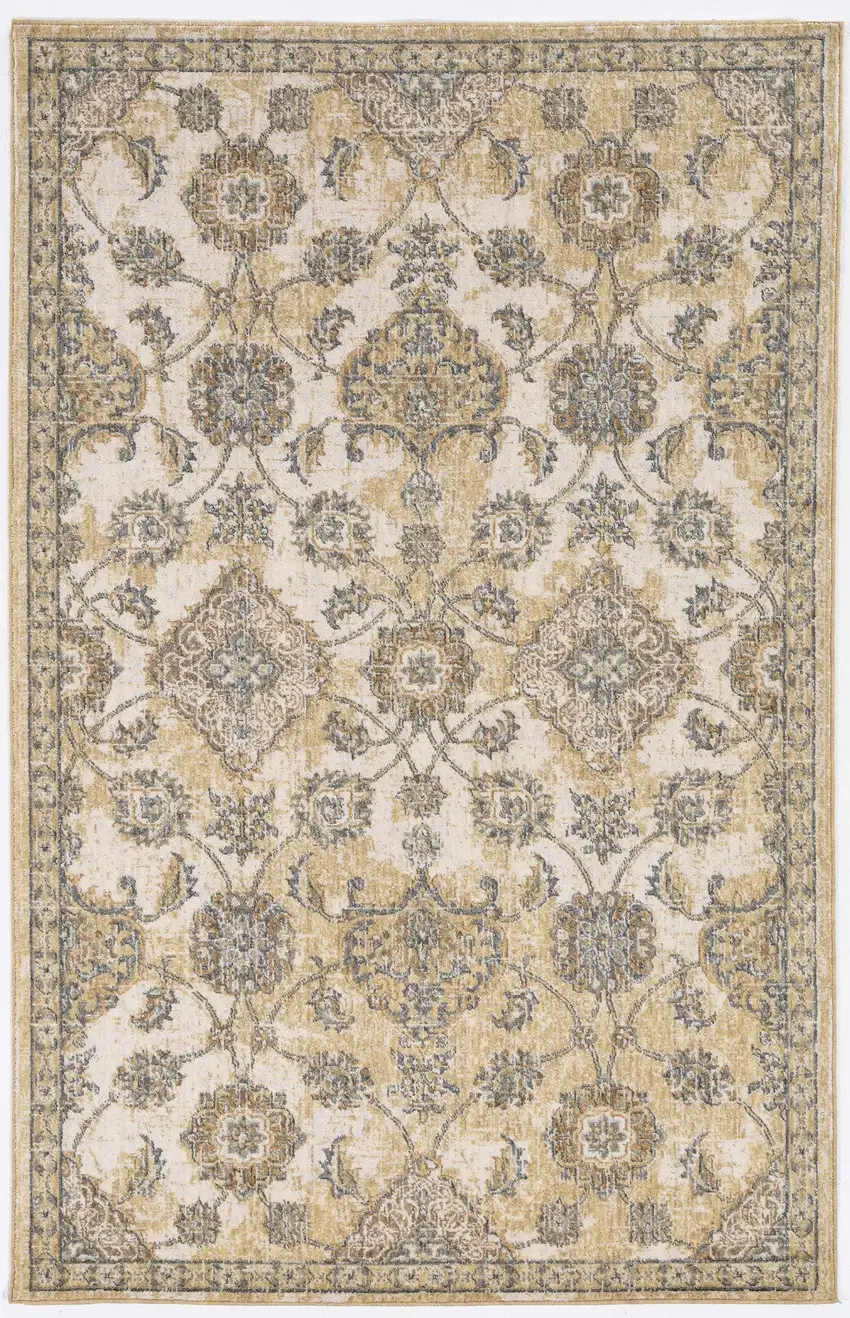 Ivory Sand Machine Woven Bordered Floral Vines Indoor Area Rug Photo 2