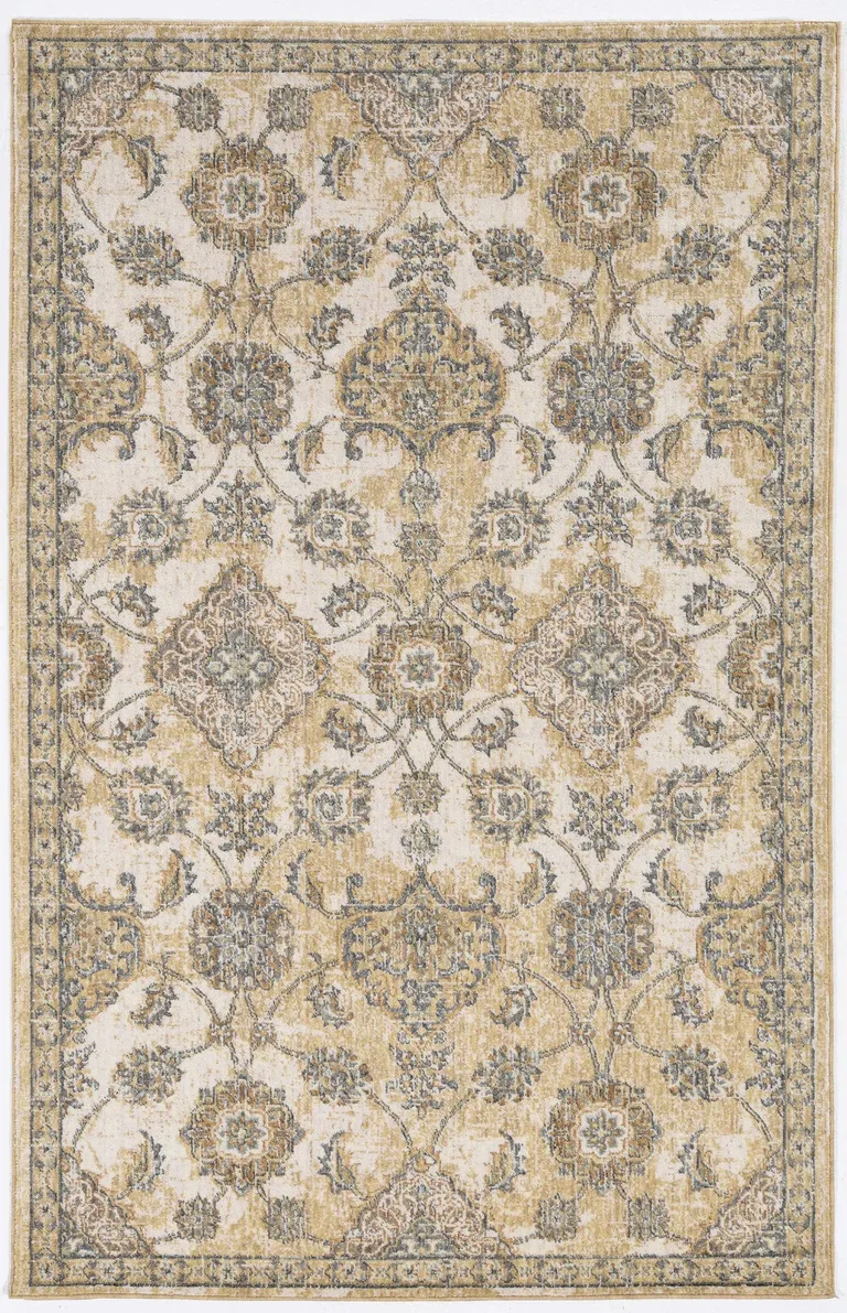 Ivory Sand Machine Woven Bordered Floral Vines Indoor Area Rug Photo 2