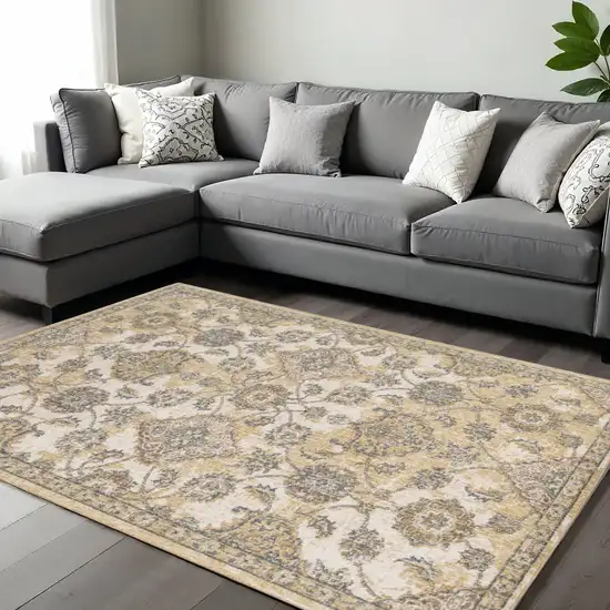 Ivory Beige And Gray Wool Floral Medallion Distressed Area Rug Photo 1