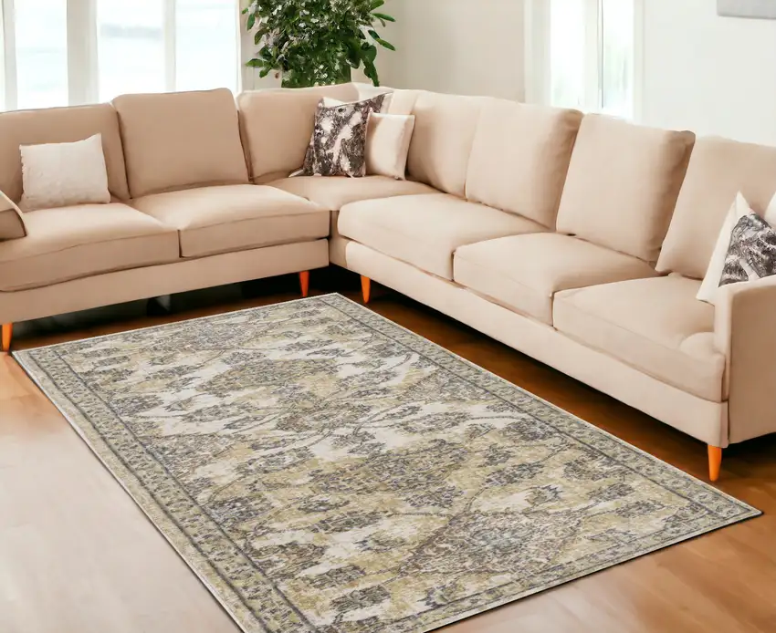 Ivory Sand Machine Woven Bordered Floral Vines Indoor Area Rug Photo 1