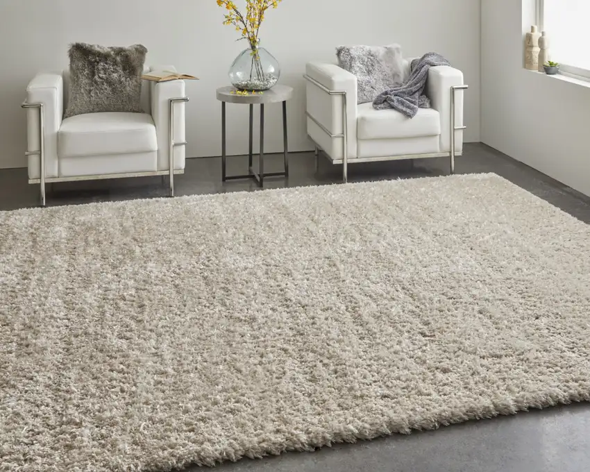 Ivory Shag Power Loom Stain Resistant Area Rug Photo 8
