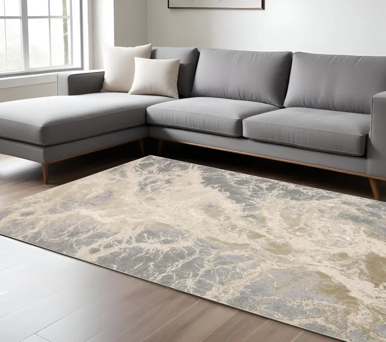 Ivory Silver And Gold Abstract Stain Resistant Area Rug Photo 1