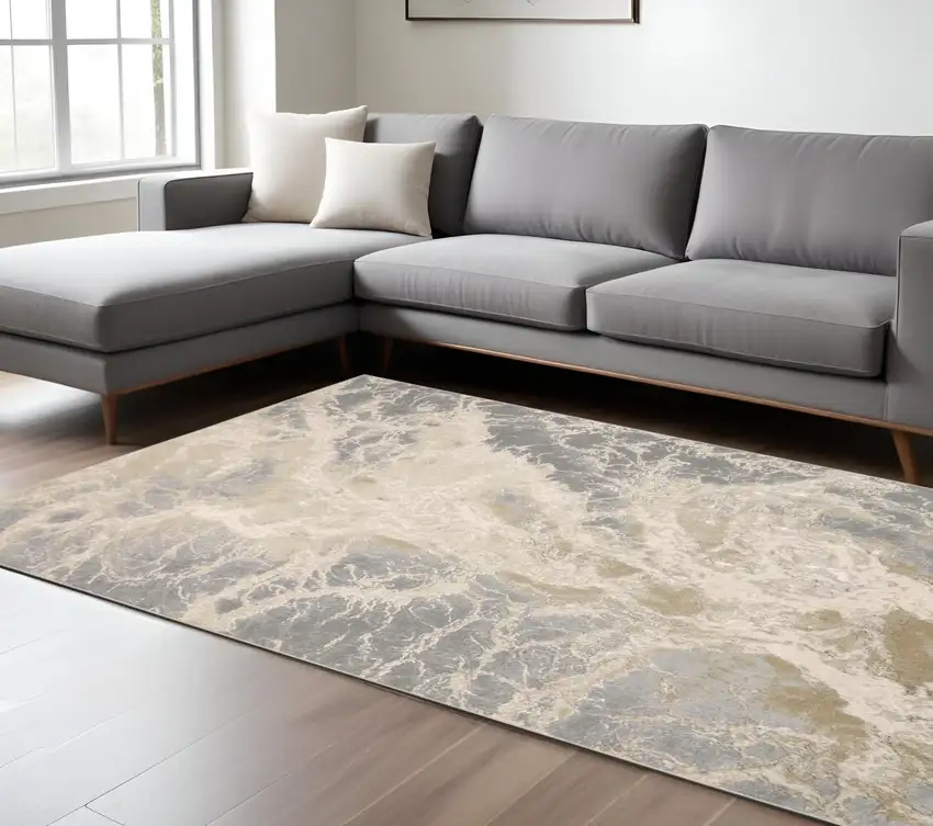 Ivory Silver And Gold Abstract Stain Resistant Area Rug Photo 2